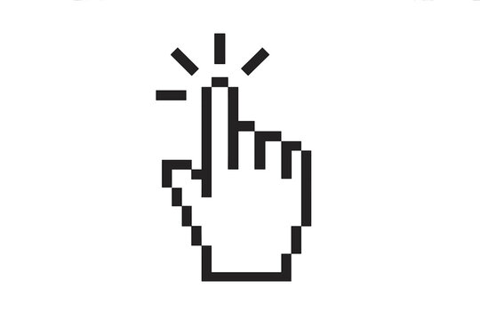 Pixel art hand cursor icon clicking a button. Computer mouse pointer symbol for web design or user interface. Retro 8-bit style finger press gesture. Digital link select.