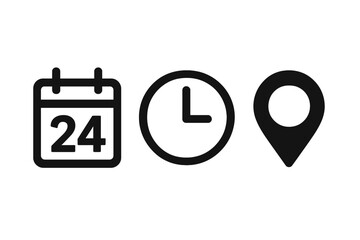 Poster - Date, time, and address location vector icon set. Calendar, clock, and map pin symbols for schedule, appointment, or event. Simple flat glyph for web and app UI UX design.