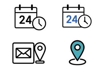 Poster - Date and time icon set. Calendar, schedule, appointment, event, clock, timer symbol. Address, location pin, map pointer, navigation, contact, mail vector icons for web, UI/UX.