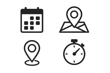 Poster - Date time location icon set. Calendar, map pin, address, and timer symbols. Vector glyph pictogram collection for web, app, UI, UX design. Event schedule appointment concept.