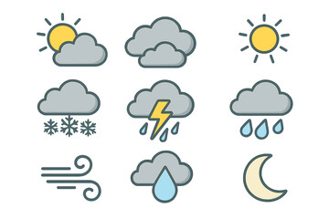 Poster - Weather forecast vector icons. Meteorology symbol collection. Sun, cloud, rain, snow, wind, storm, moon. Flat design element set for web, app. Cartoon illustration.