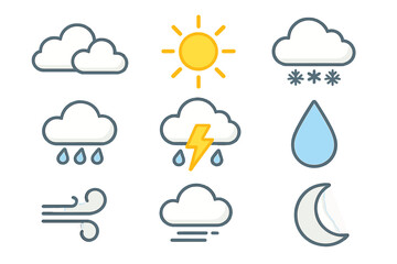 Poster - Weather forecast icon set. Meteorology collection for web and app design. Sun, clouds, rain, snow, wind, storm, moon, and fog symbols. Simple climate vector illustration.
