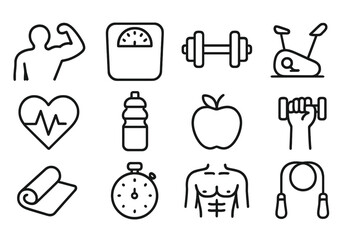 Poster - Gym and fitness line icon set for web and mobile app. Healthy lifestyle, exercise, diet, nutrition, weight training, body care, workout, cardio vector illustration.