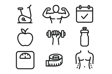Poster - Fitness and gym line icons set. Healthy lifestyle concept. Exercise, diet, nutrition, weight training, bodybuilding, workout, body care, slimming, weight loss symbols.