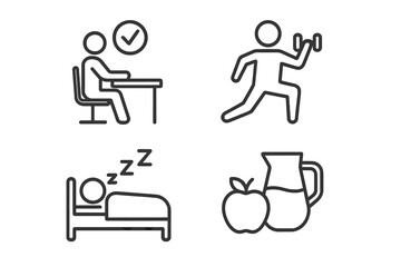 Leinwandbilder - Healthy lifestyle line icon set. Fitness, sport, wellness symbols. Work life balance, exercise, sleep schedule, and healthy food nutrition icons for web and mobile app.