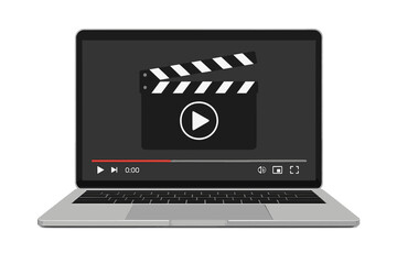 Poster - Online cinema and video tutorial concept. Laptop screen with movie player and clapperboard icon. Streaming service, film production, and digital entertainment metaphor.