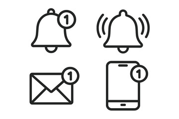 Poster - Notification Bell and Message Alert Icon Set. New Notification Symbol. Alarm, Ringing Bell, Inbox, Message, Mobile Alert. Modern Line Icons for App, Web, User Interface, Reminder, Communication