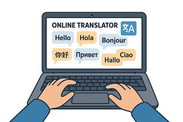 Poster - Online multi language translator app interface on laptop. Hello in different languages speech bubbles. Real time translation, synchronic translation services, multilingual communication