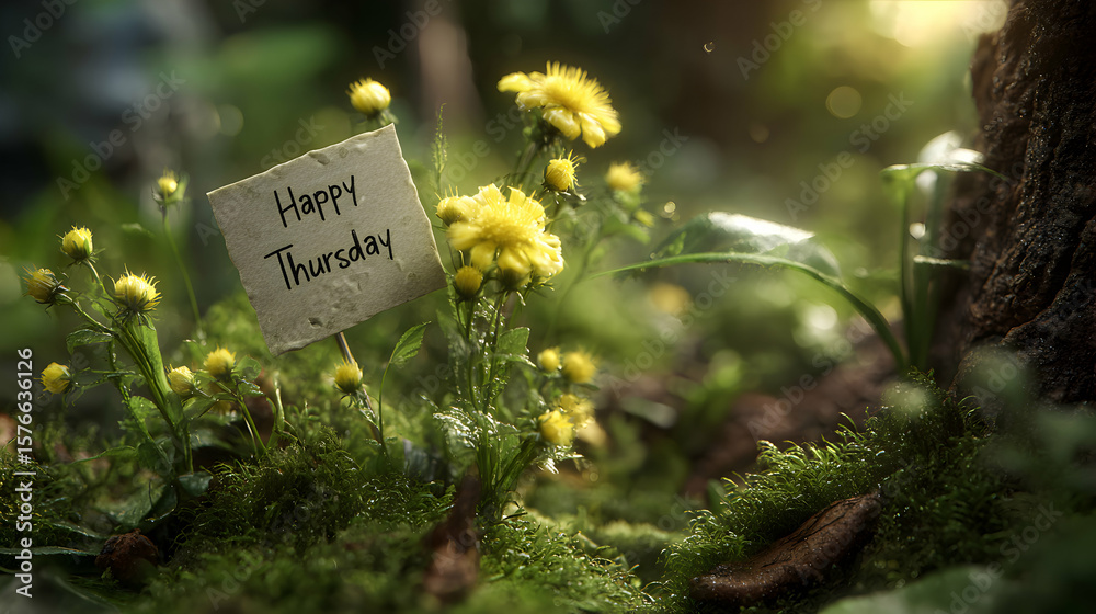 Thursday Note Happy Thursday note among bright yellow flowers, cheerful spring ...