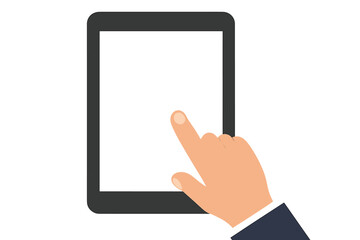Fototapete - Hand Touching Digital Tablet Screen. Touchscreen Device Interaction. Modern Technology User Interface. Finger Tap Gesture. Blank Tablet Display. Mobile App Concept. Vector Illustration