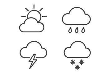 Leinwandbilder - Minimalist Weather Icons Set. Line Style Vector Illustration of Sun, Cloud, Rain, Thunderstorm, Snow. Forecast Symbols for Web, Mobile App, UI, Transparent Background, Modern Design