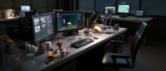 Leinwandbilder - Game development studio workspace with multiple screens showcasing creative design