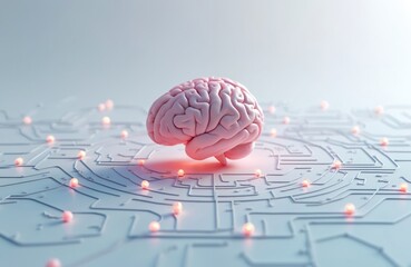 Poster - 3D render of pink brain on abstract circuit board pattern with illuminated nodes. Artificial intelligence, technology, innovation, futuristic concepts. Clean, minimalist design with soft light.
