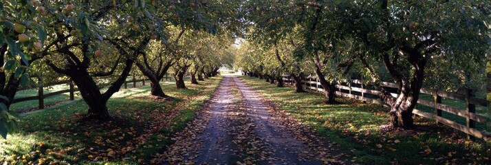 Aufkleber - Morning Light Illuminates Apple Orchard Path With Falling Leaves in Serene Autumn Ambiance