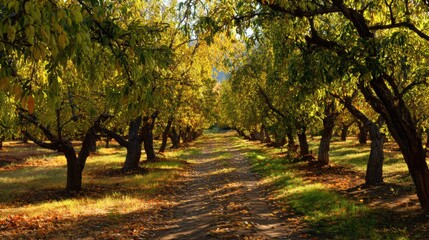Aufkleber - Morning Light Illuminates a Serene Apple Orchard Path Adorned With Colorful Falling Leaves in Autumn