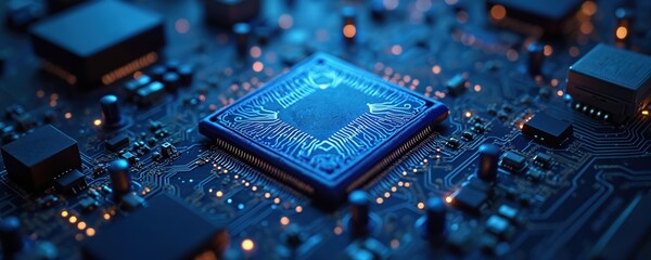 Poster - Detailed close-up of dark blue computer motherboard featuring prominent central processor unit. Numerous electronic components, circuitry, glowing orange lights create high-tech, intricate