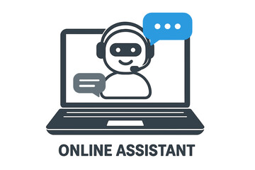 Poster - Online assistant chatbot on laptop screen. Customer service and support bot concept. Artificial intelligence robot with headset. Virtual help and communication technology icon.