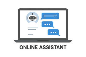 Poster - Chatbot icon on laptop screen. Online virtual assistant for customer service and support. AI bot technology concept. Dialogue with robot, messaging, communication vector.