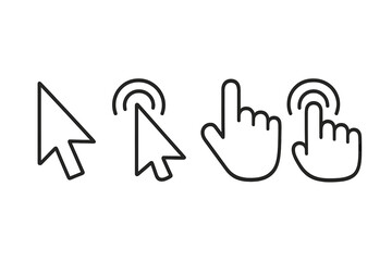 Fototapete - Computer mouse cursor and hand pointer icon set. Click and tap symbols for web design. Arrow and finger press selection for website button or link. Vector illustration UI UX.