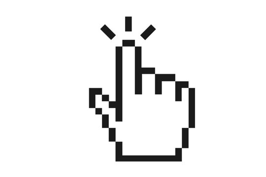 Pixel hand cursor icon. Computer mouse pointer clicking. Finger press button gesture. Select and choice concept for UI UX. Web design element. Vector illustration isolated.