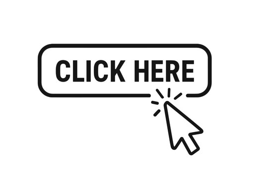 Click here button with click cursor. Set for action button design. Modern button with mouse click symbol. Computer mouse cursor or hand pointer symbol. Web interface element.