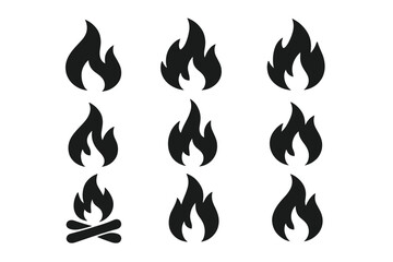 Fototapete - Fire flame icon set. Vector collection of black flame symbols and campfire silhouette. Simple flat pictogram for logo design, hot, heat, energy, danger and warning sign.