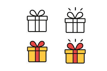 Poster - Gift box icon set. Vector line and color flat design. Present surprise for birthday, christmas, or holiday celebration. Special offer, bonus, reward, prize, giveaway concept.