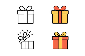 Poster - Gift box vector icon set. Present boxes collection with black thin line and flat color style. Open surprise gift. Holiday, birthday, celebration, anniversary, prize, giveaway.