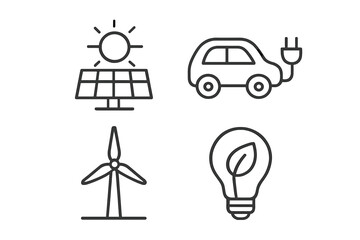 Poster - Green energy line icon set. Eco friendly concept. Renewable energy. Solar panel, sun, wind turbine, electric car charging, eco light bulb. Vector illustration on white.
