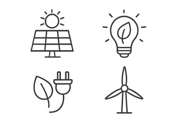 Poster - Green energy line icon set. Renewable, sustainable power concepts. Ecology symbols for web and mobile. Solar panel, wind turbine, eco lightbulb, bio energy plug vector pack.