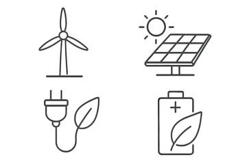 Poster - Green energy icon set. Renewable power source concepts. Solar panel, wind turbine, eco plug, and battery charge icons. Thin line style vector for web and mobile app design.