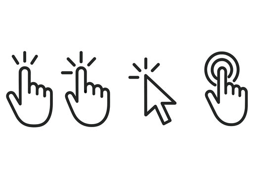 Hand click vector icons set. Website computer interface button. Graphic web design illustration. Vector symbol collection. Pointer, clicking finger, tap, select, cursor, UI, UX.