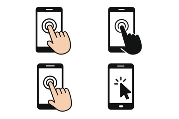 Fototapete - Smartphone touch screen icon set. Hand tapping mobile device, click gesture, touchscreen interaction, finger press, cell phone cursor, user interface, digital communication concept