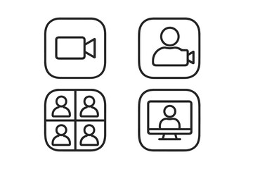 Poster - Set of 4 video call icons. Online video conference, group chat, internet meeting, virtual communication, web app UI button, remote work, digital talk, technology symbol