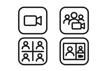 Poster - Set of 4 video call icons. Online video conference, virtual meeting, group chat, internet call, web communication, app interface, remote work, digital collaboration symbols
