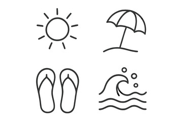 Fototapete - Summer Beach Vacation Icon Set. Sun, Umbrella, Flip Flops, Ocean Wave. Minimalist Line Art. Summer Holiday Symbols. Seaside Relaxation Elements. Vector Illustration Isolated on White