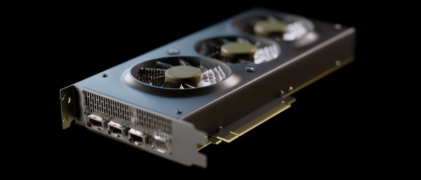 Futuristic graphics card in dark space with three fans