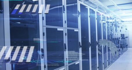 Poster - Glowing row of server cabinets humming in data center corridor, with LED lights and digital overlay