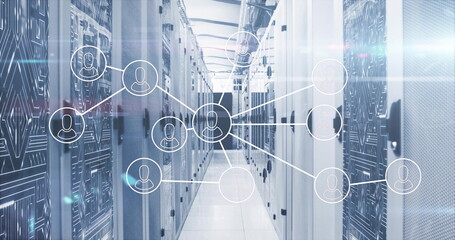 Poster - Displaying network node overlay hovering in data center with server racks routers and cable trays