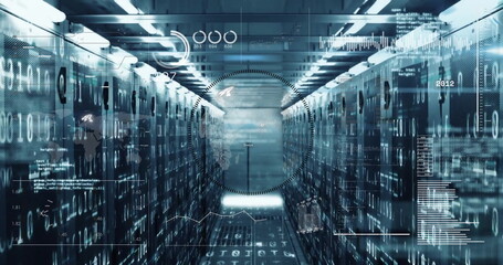 Poster - Glowing corridor displaying holographic data streams in data center with server racks and cabling