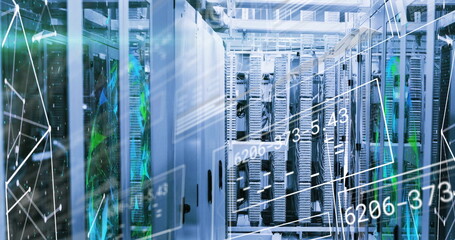Poster - White server cabinet door left in data center glowing blue, with cable bundles, LEDs and overlays