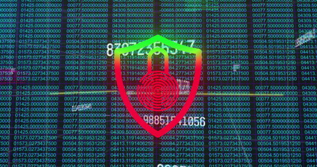 Poster - Displaying security shield glowing over code grid on screen, with fingerprint motif and binary bits