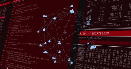 Poster - Displaying central 3D network graph glowing on red virtual encryption panel, with code and hex dump