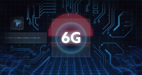 Poster - 6G emblem shining in gauge on neon-blue circuit grid, with red semicircle, map icon, waveform bar
