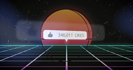 Poster - Floating speech-bubble displaying 346,011 LIKES over neon grid, showing orange sun and starry sky