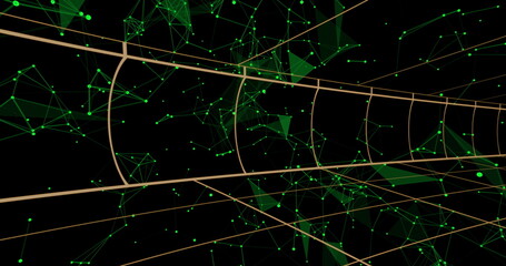 Poster - Displaying tunnel-like triangular mesh of glowing green nodes, lines, beige bands in digital void