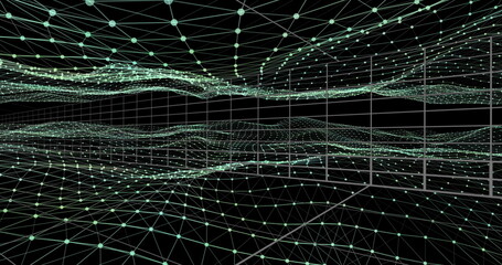 Poster - Forming central 3D wireframe mesh rippling in virtual space, glowing nodes and grid backdrop
