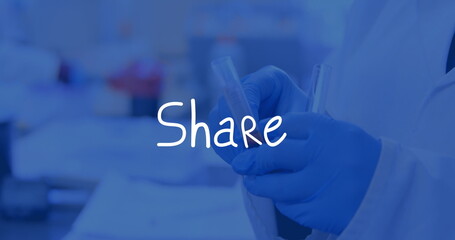 Poster - Technician wearing white lab coat and blue gloves holding two clear test tubes at laboratory bench