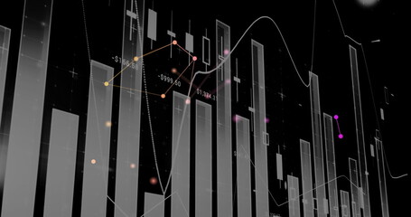Poster - Financial chart showing 3D bars, candlestick markers, trend line and colored points on dark grid