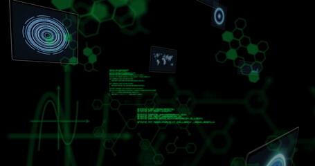 Aufkleber - Displaying central cluster emitting glowing green code and hexagon nodes in holographic HUD